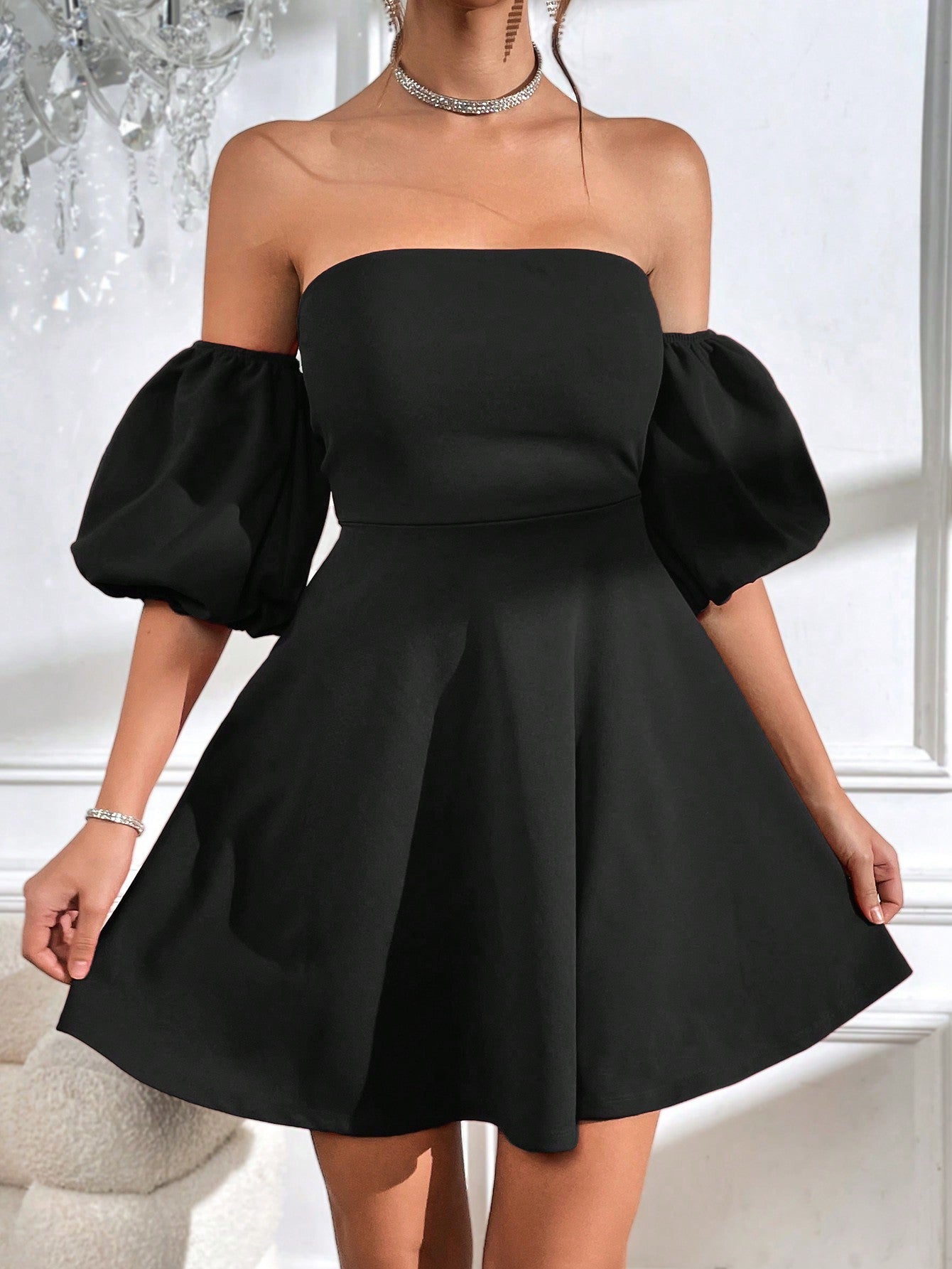 Privé Off Shoulder Puff Sleeve Tie Backless Dress