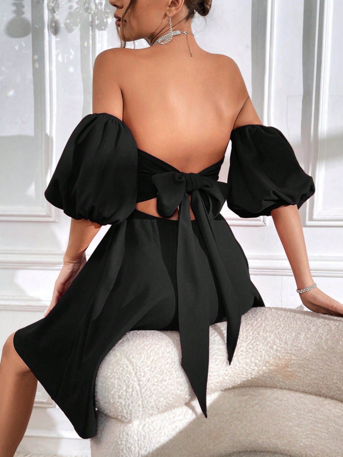 Privé Off Shoulder Puff Sleeve Tie Backless Dress