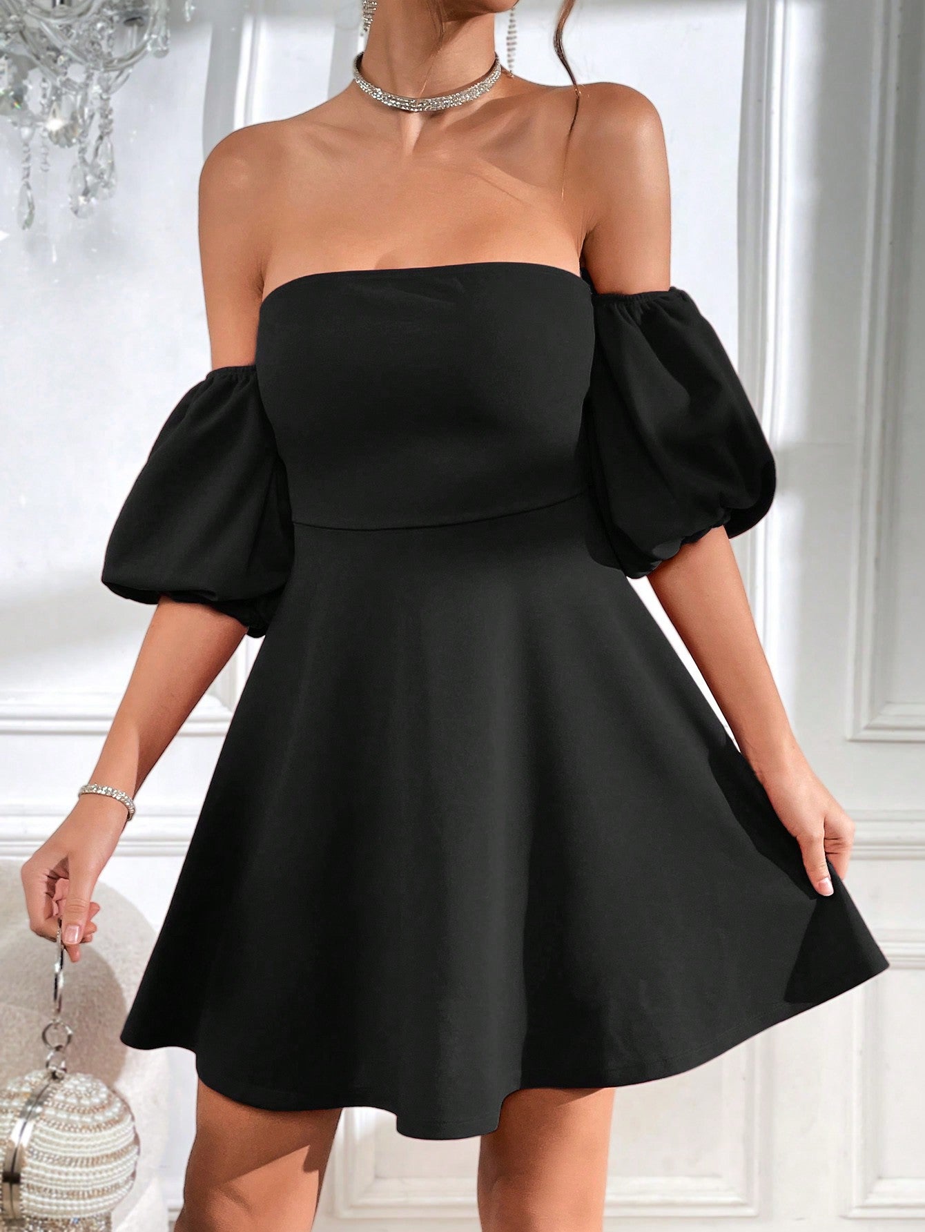 Privé Off Shoulder Puff Sleeve Tie Backless Dress