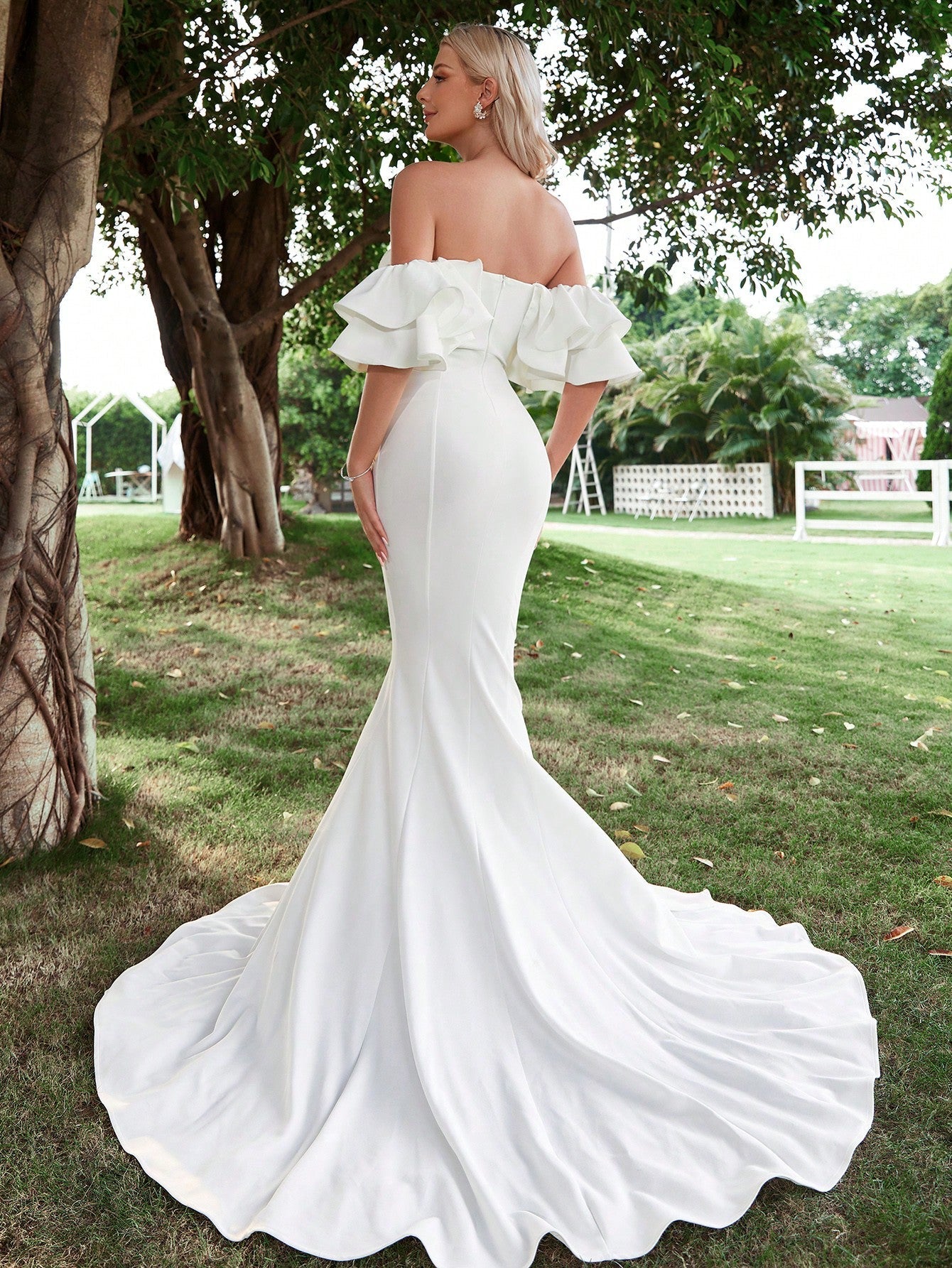 Off Shoulder Ruffle Trim Mermaid Hem Wedding Dress