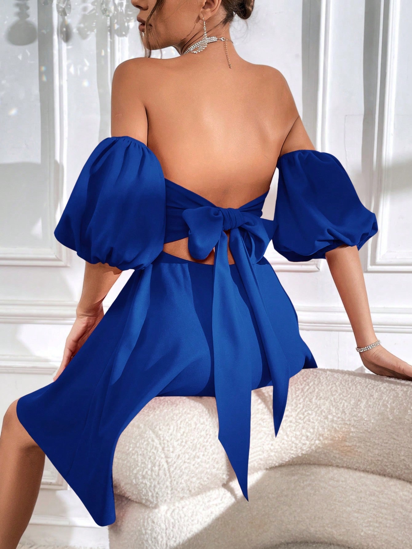 Privé Off Shoulder Puff Sleeve Tie Backless Dress