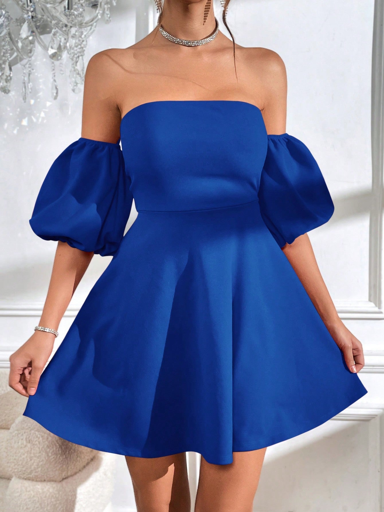 Privé Off Shoulder Puff Sleeve Tie Backless Dress