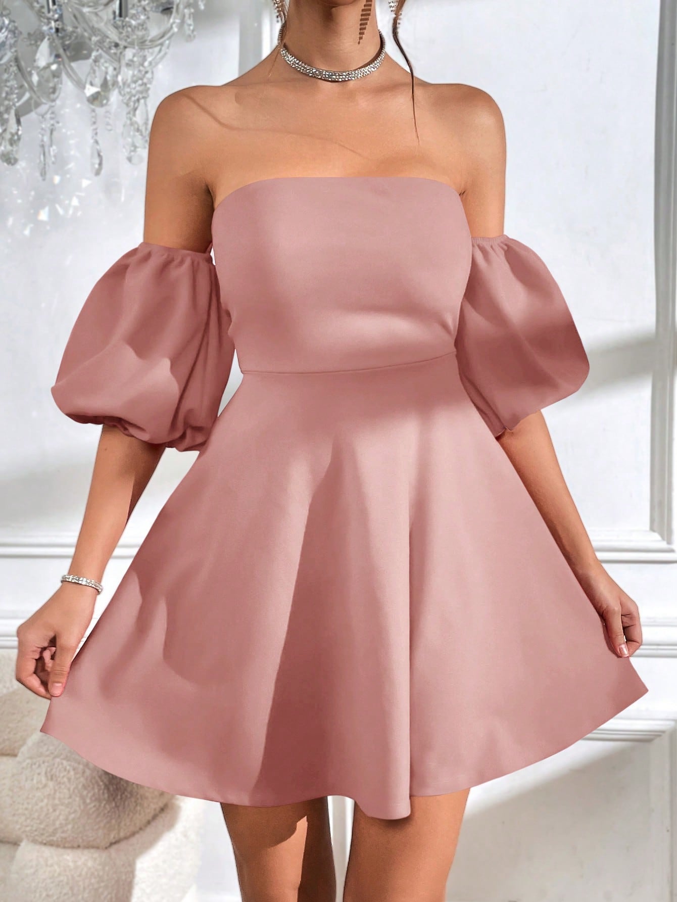 Privé Off Shoulder Puff Sleeve Tie Backless Dress