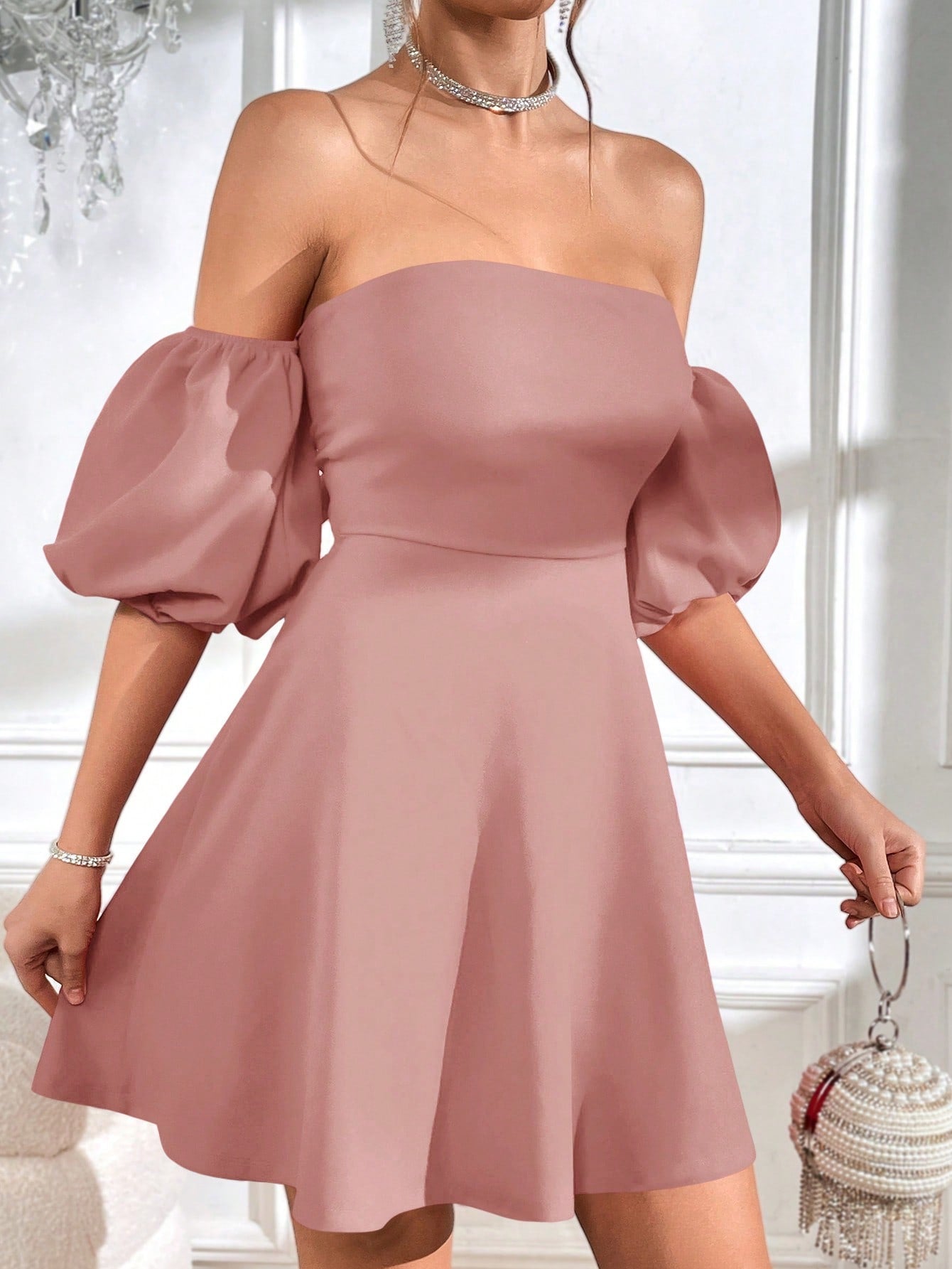 Privé Off Shoulder Puff Sleeve Tie Backless Dress