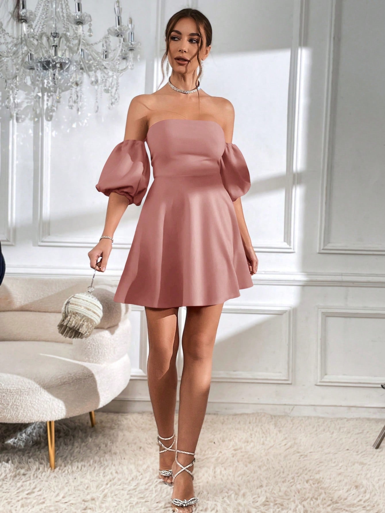 Privé Off Shoulder Puff Sleeve Tie Backless Dress