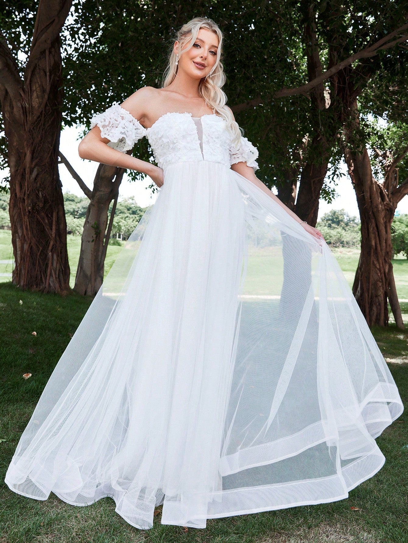 Off Shoulder Contrast Mesh Wedding Dress