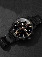 1pc Black Zinc Alloy Strap Business Round Dial Quartz Watch & 1pc Bracelet, For Daily Life For Men