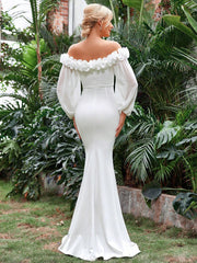 3D Rosette Off Shoulder Lantern Sleeve Mermaid Hem Wedding Dress