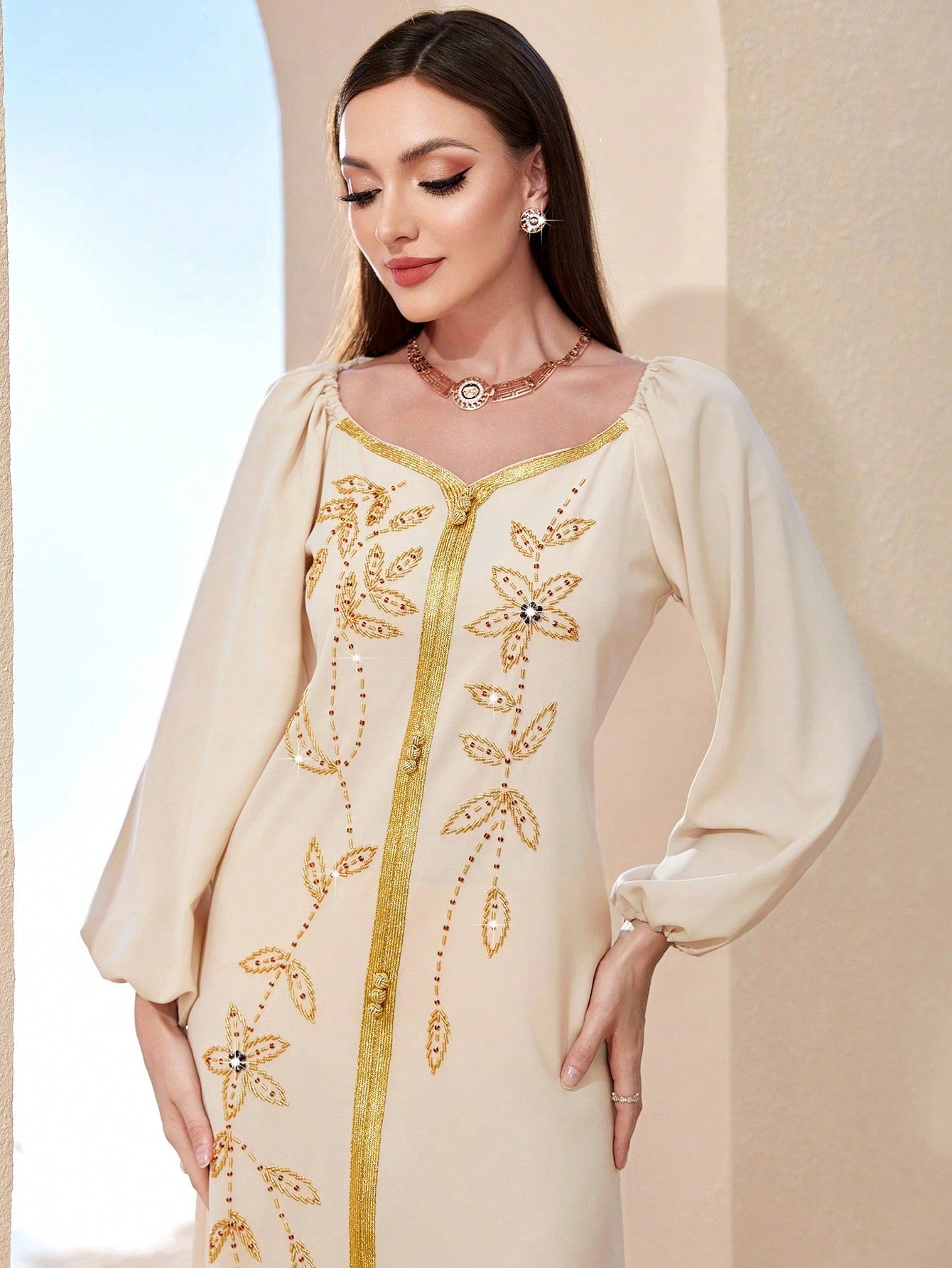 Najma Floral Embroidery Lantern Sleeve Split Hem Kaftan