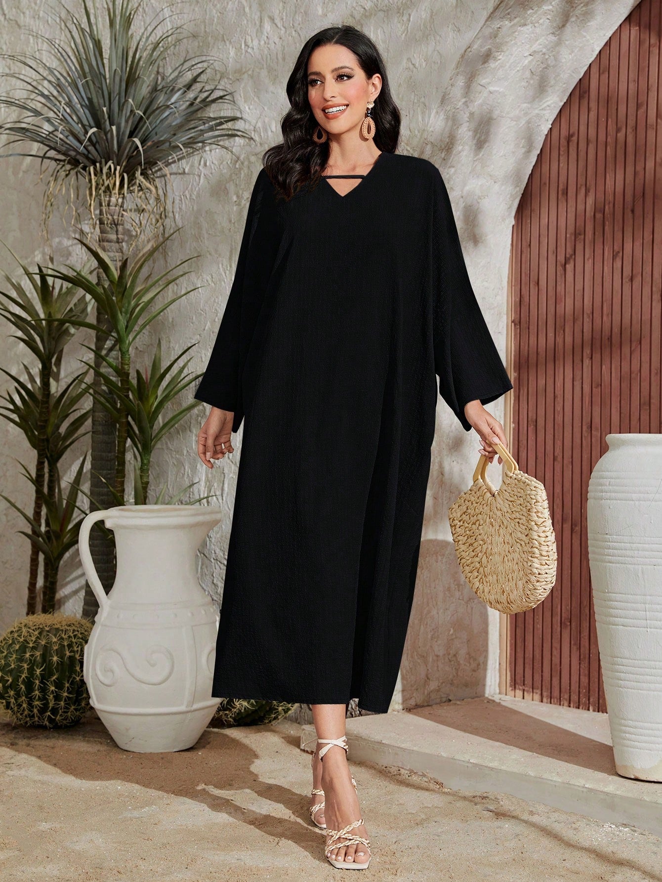 Najma Solid Notched Neck Batwing Sleeve Dress