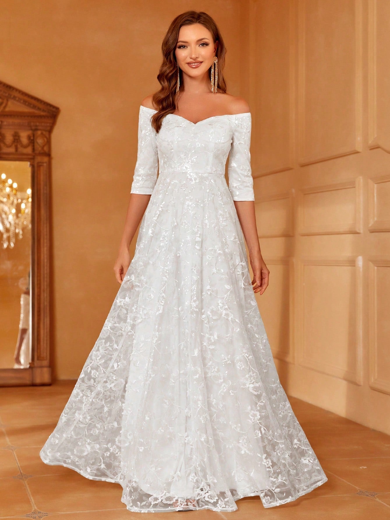 Off Shoulder Lace Maxi Wedding Dress