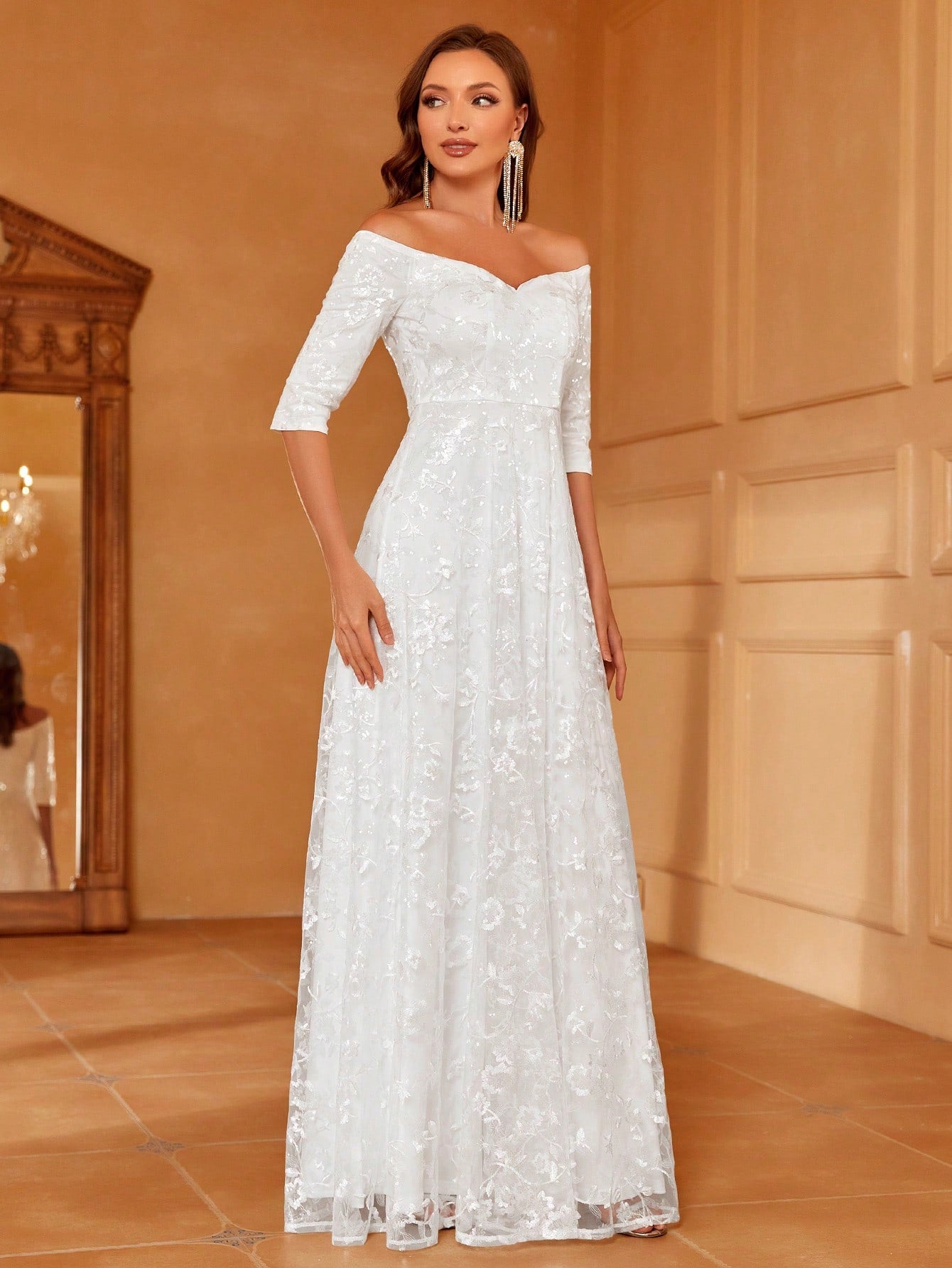 Off Shoulder Lace Maxi Wedding Dress