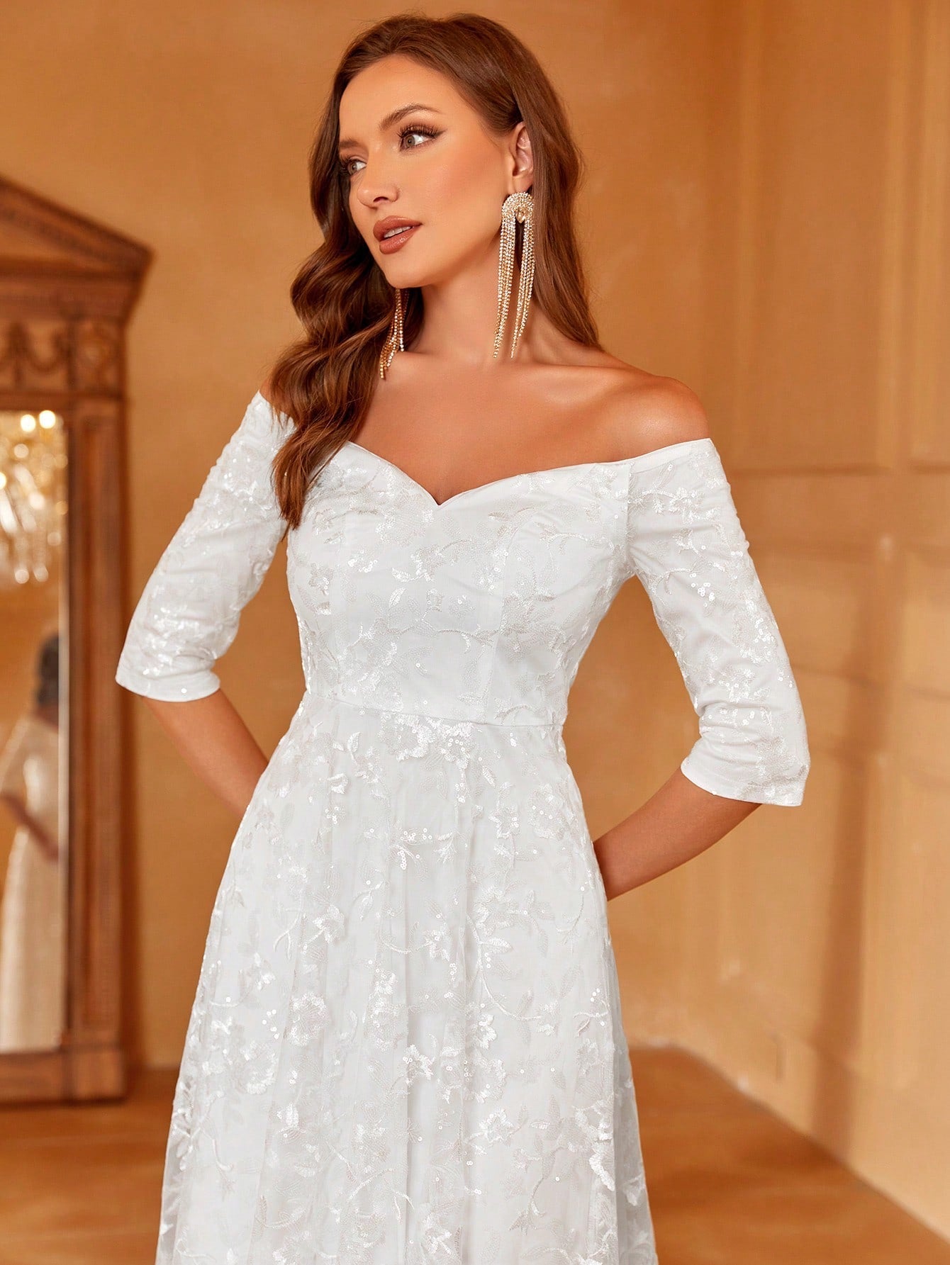 Off Shoulder Lace Maxi Wedding Dress