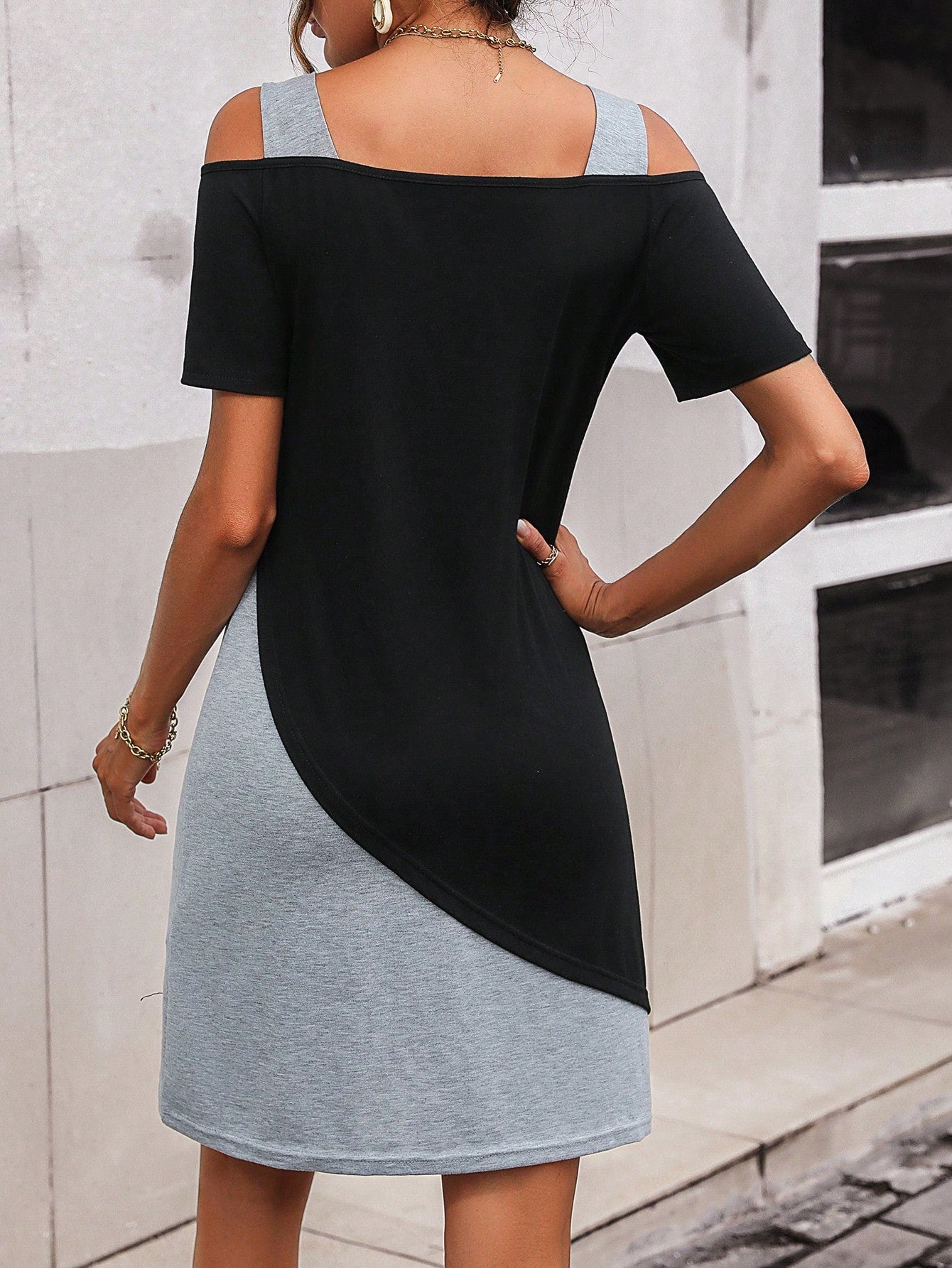 LUNE Two Tone Cold Shoulder Tee Dress