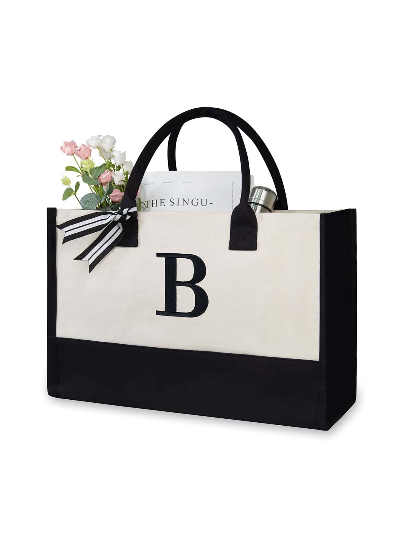 1 Set Initial Canvas Tote Bag, Personalized Present Bag, Suitable for Wedding, Birthday, Beach, Holiday,school bag, is a Great Gift for Women, Mom, Teachers, Friends, Bridesmaids, student, Large Bag, back to school, Scarf Random, Teacher Tote Bag