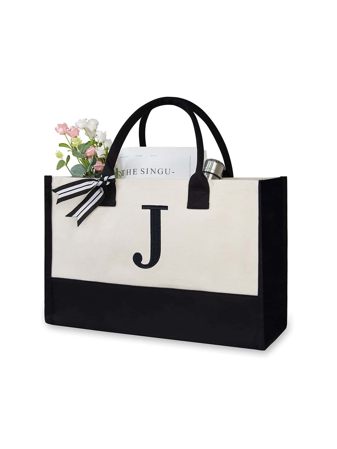 1 Set Initial Canvas Tote Bag, Personalized Present Bag, Suitable for Wedding, Birthday, Beach, Holiday,school bag, is a Great Gift for Women, Mom, Teachers, Friends, Bridesmaids, student, Large Bag, back to school, Scarf Random, Teacher Tote Bag