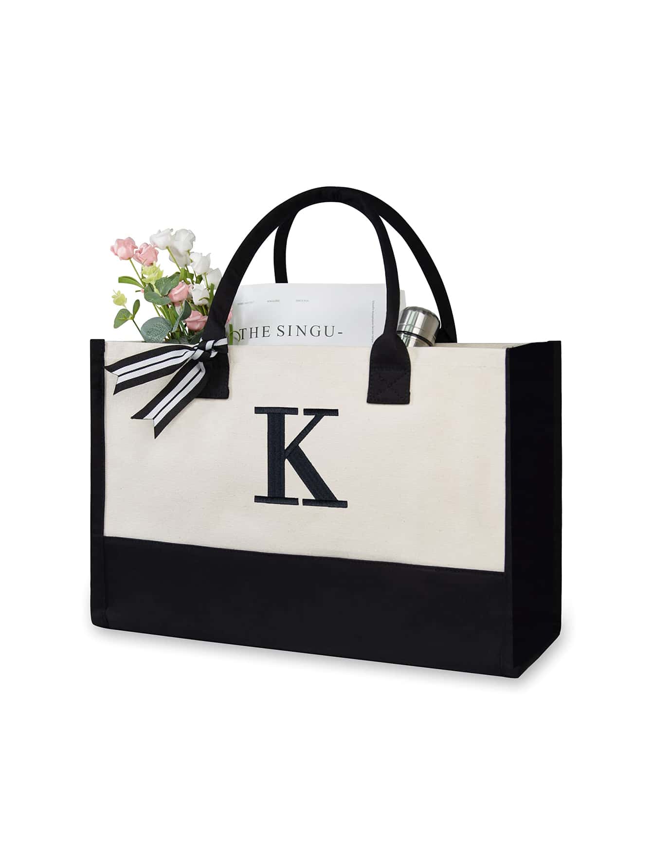 1 Set Initial Canvas Tote Bag, Personalized Present Bag, Suitable for Wedding, Birthday, Beach, Holiday,school bag, is a Great Gift for Women, Mom, Teachers, Friends, Bridesmaids, student, Large Bag, back to school, Scarf Random, Teacher Tote Bag