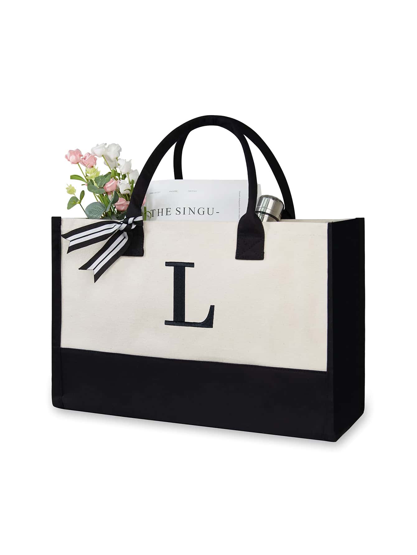 1 Set Initial Canvas Tote Bag, Personalized Present Bag, Suitable for Wedding, Birthday, Beach, Holiday,school bag, is a Great Gift for Women, Mom, Teachers, Friends, Bridesmaids, student, Large Bag, back to school, Scarf Random, Teacher Tote Bag