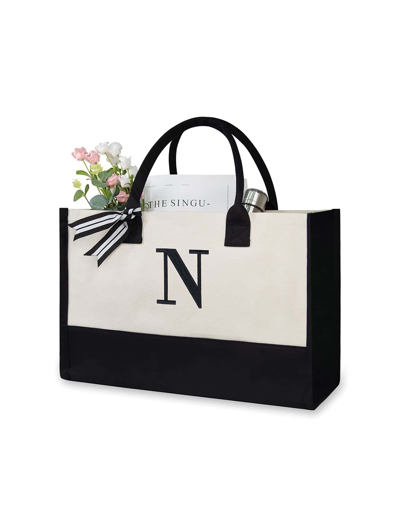 1 Set Initial Canvas Tote Bag, Personalized Present Bag, Suitable for Wedding, Birthday, Beach, Holiday,school bag, is a Great Gift for Women, Mom, Teachers, Friends, Bridesmaids, student, Large Bag, back to school, Scarf Random, Teacher Tote Bag