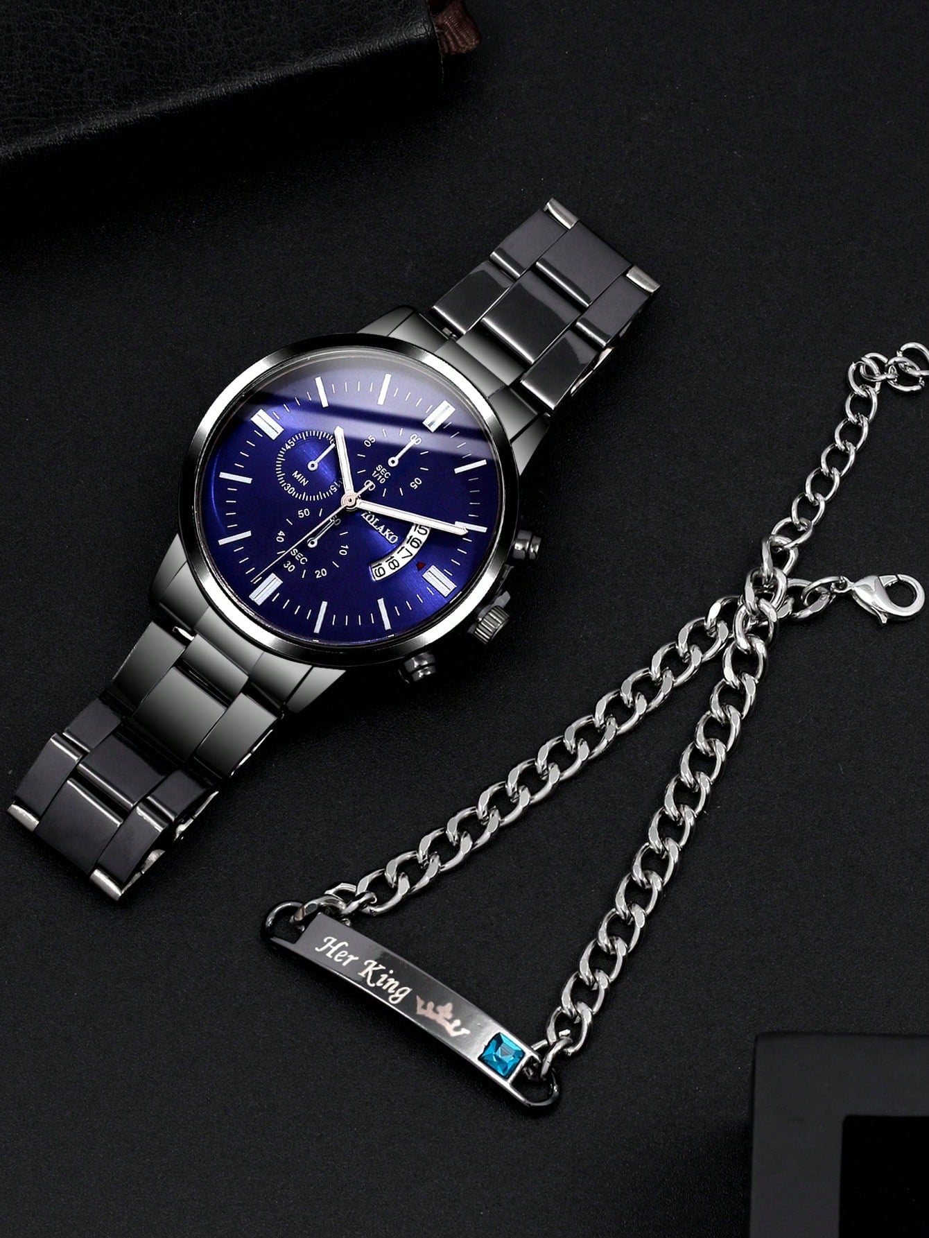 2pcs Fashion Business Gentleman's Calendar Steel Band Quartz Wristwatch with Blue Cubic Zirconia Alloy Bracelet Combination Set, Men's Gift Set