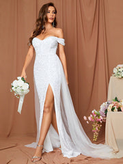 LOVE&LEMONADE Off Shoulder Split Thigh Sequin Wedding Dress