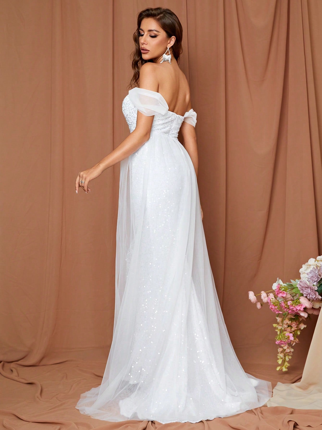 LOVE&LEMONADE Off Shoulder Contrast Mesh Mermaid Hem Sequin Wedding Dress