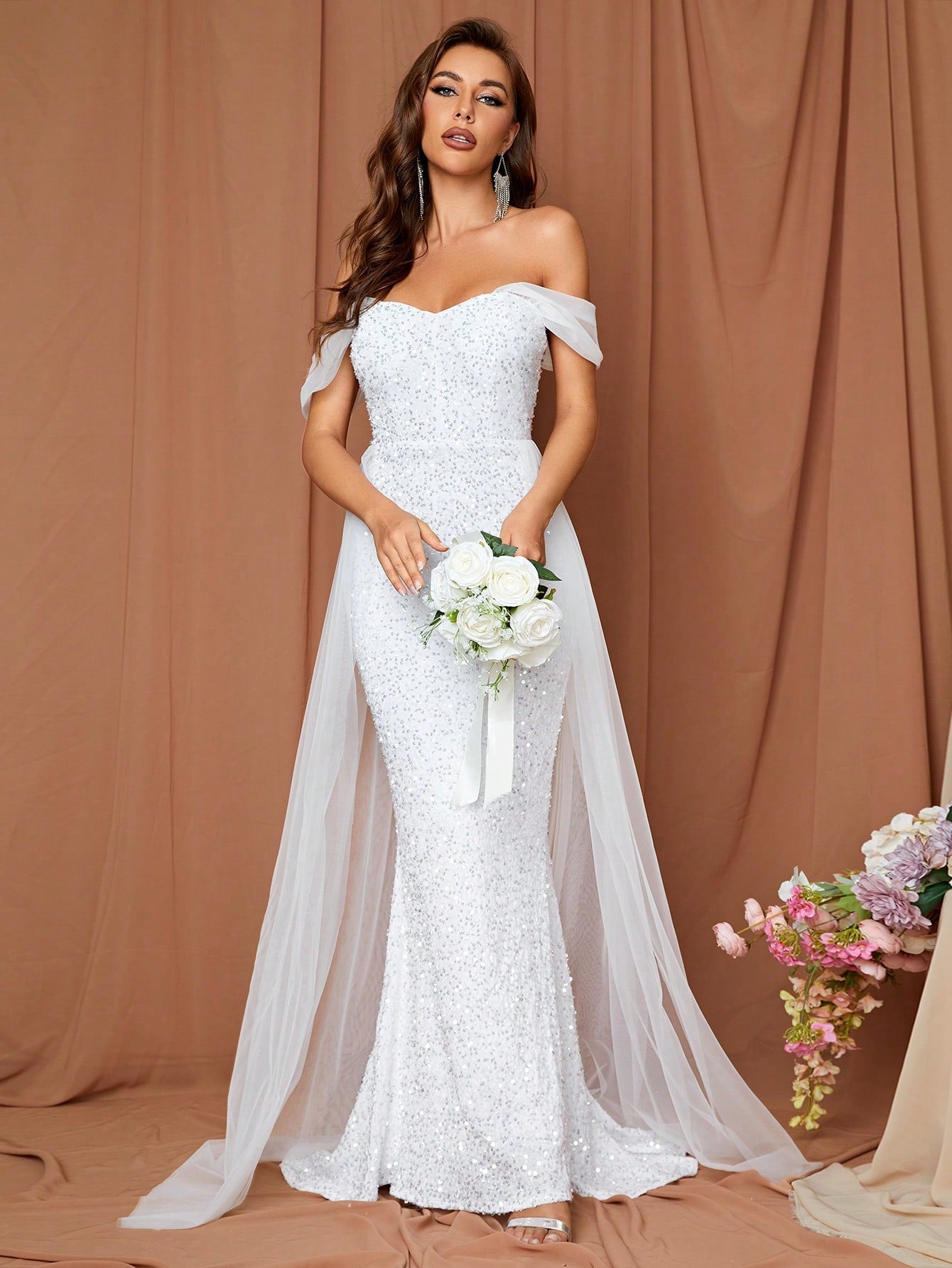 LOVE&LEMONADE Off Shoulder Contrast Mesh Mermaid Hem Sequin Wedding Dress