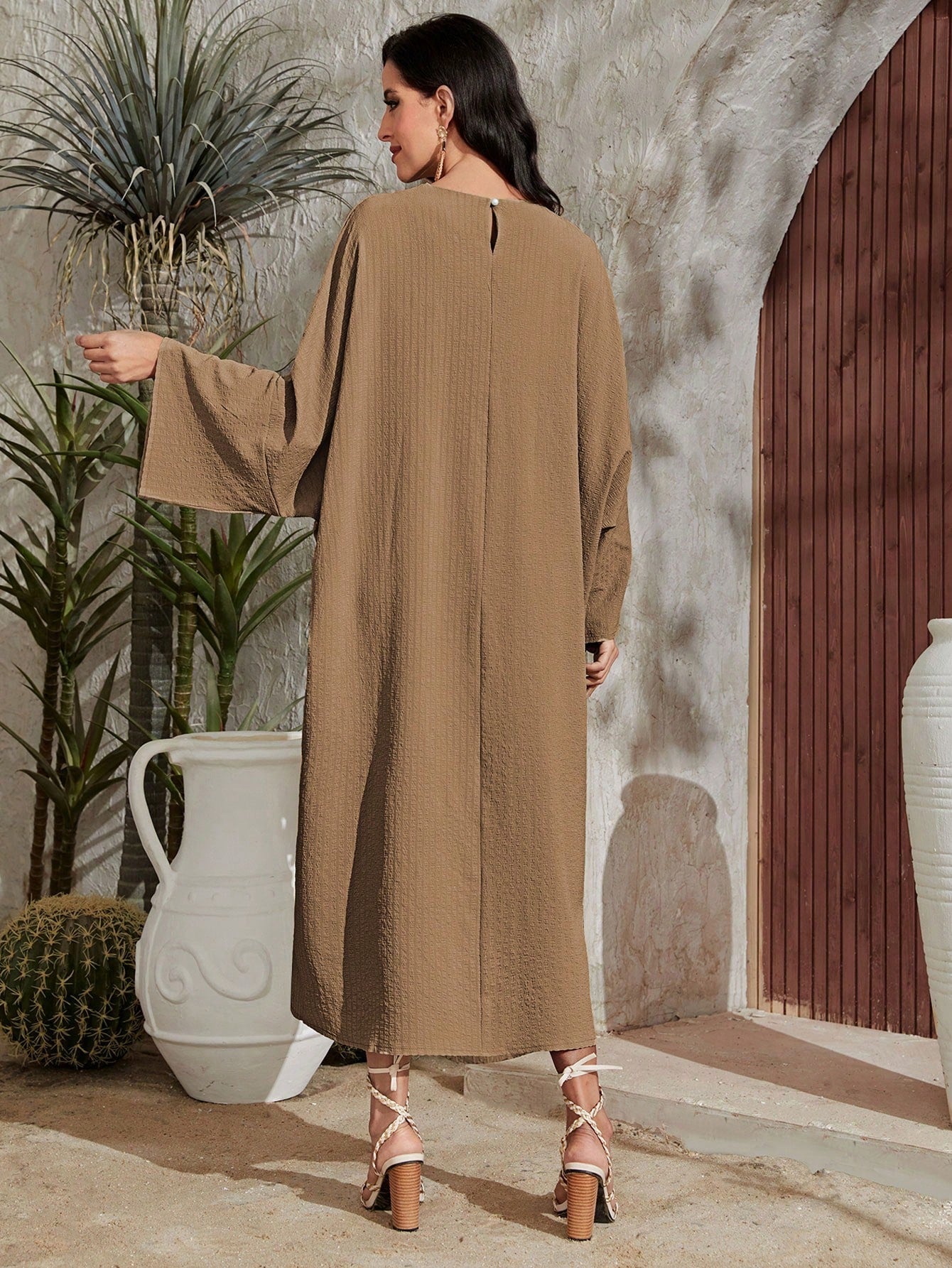 Najma Solid Notched Neck Batwing Sleeve Dress