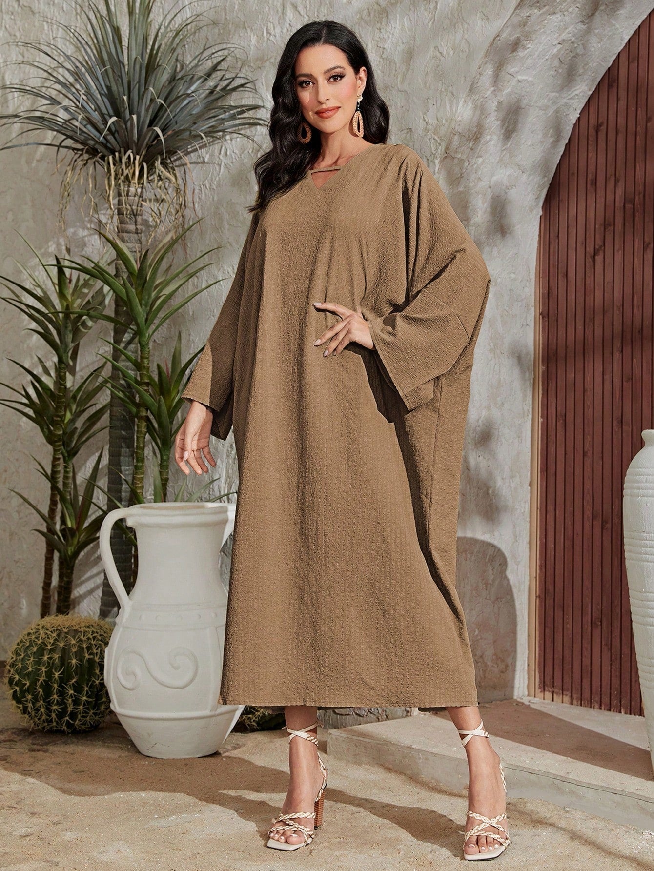 Najma Solid Notched Neck Batwing Sleeve Dress