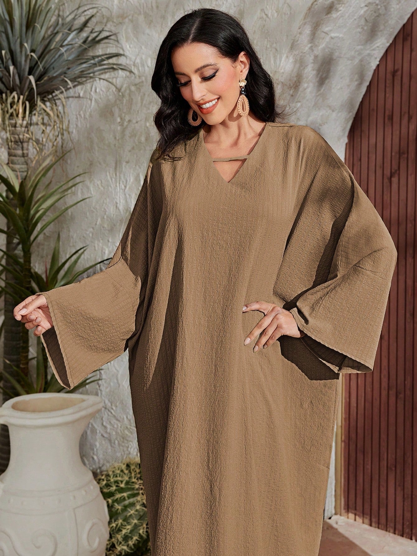 Najma Solid Notched Neck Batwing Sleeve Dress