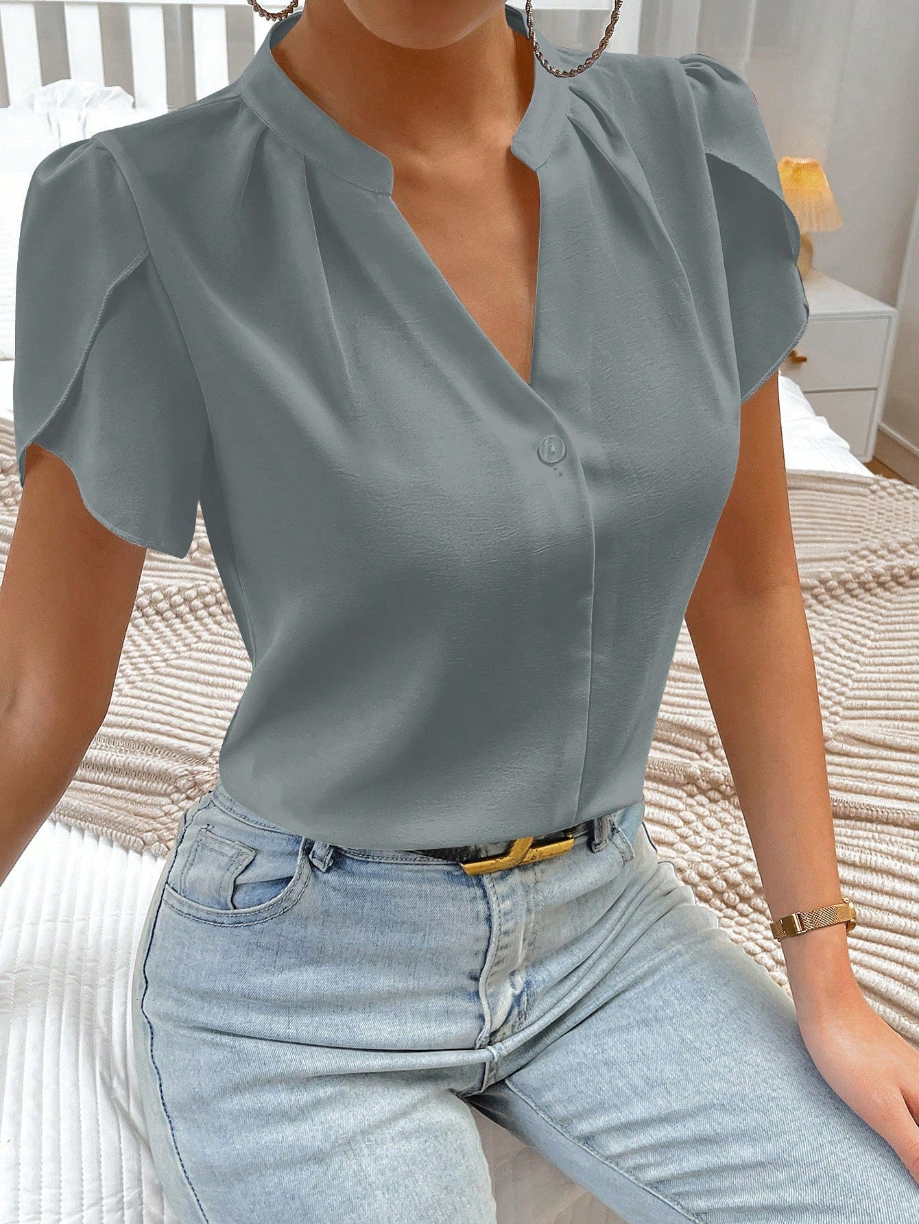 Privé Solid Notched Neckline Petal Sleeve Blouse