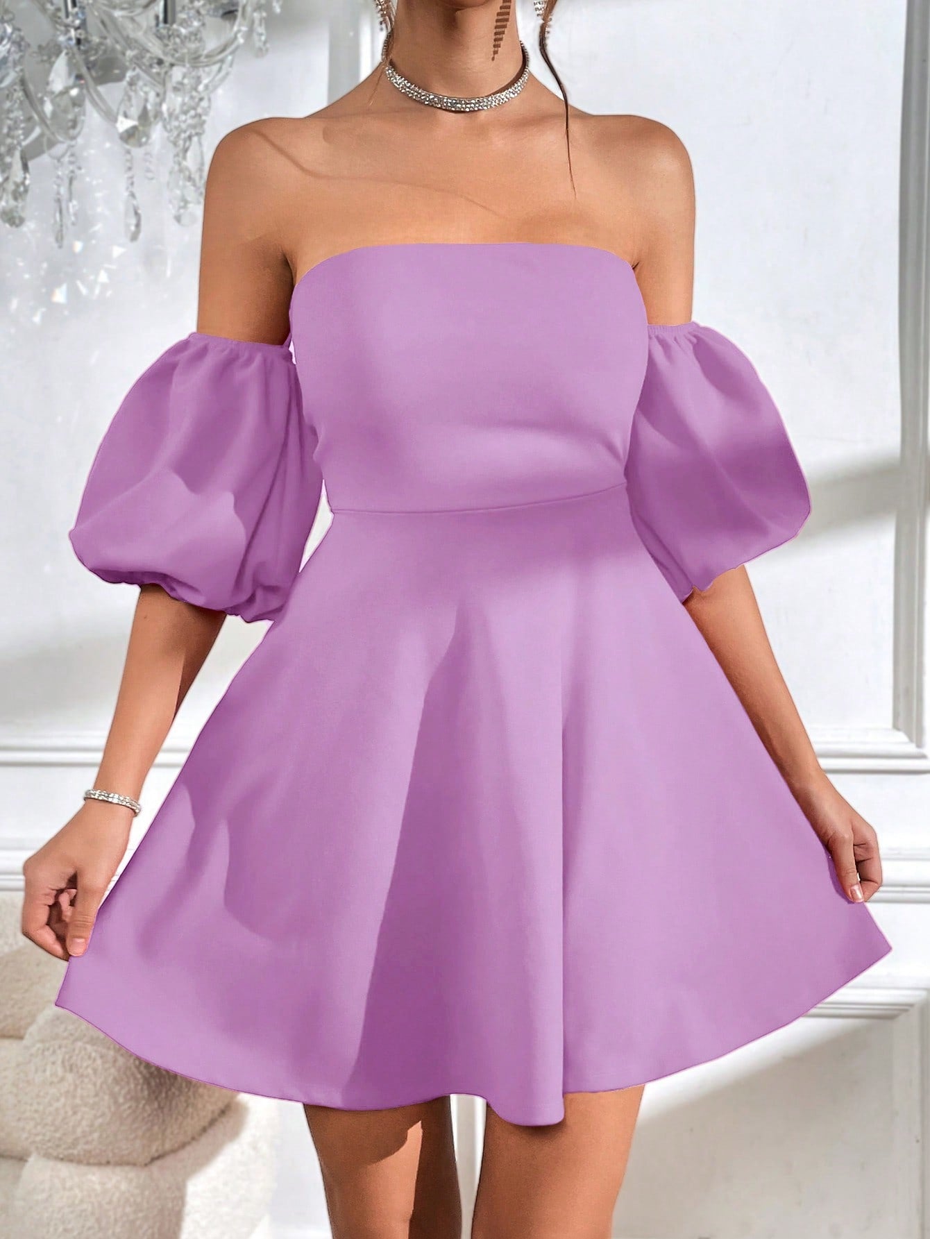 Privé Off Shoulder Puff Sleeve Tie Backless Dress