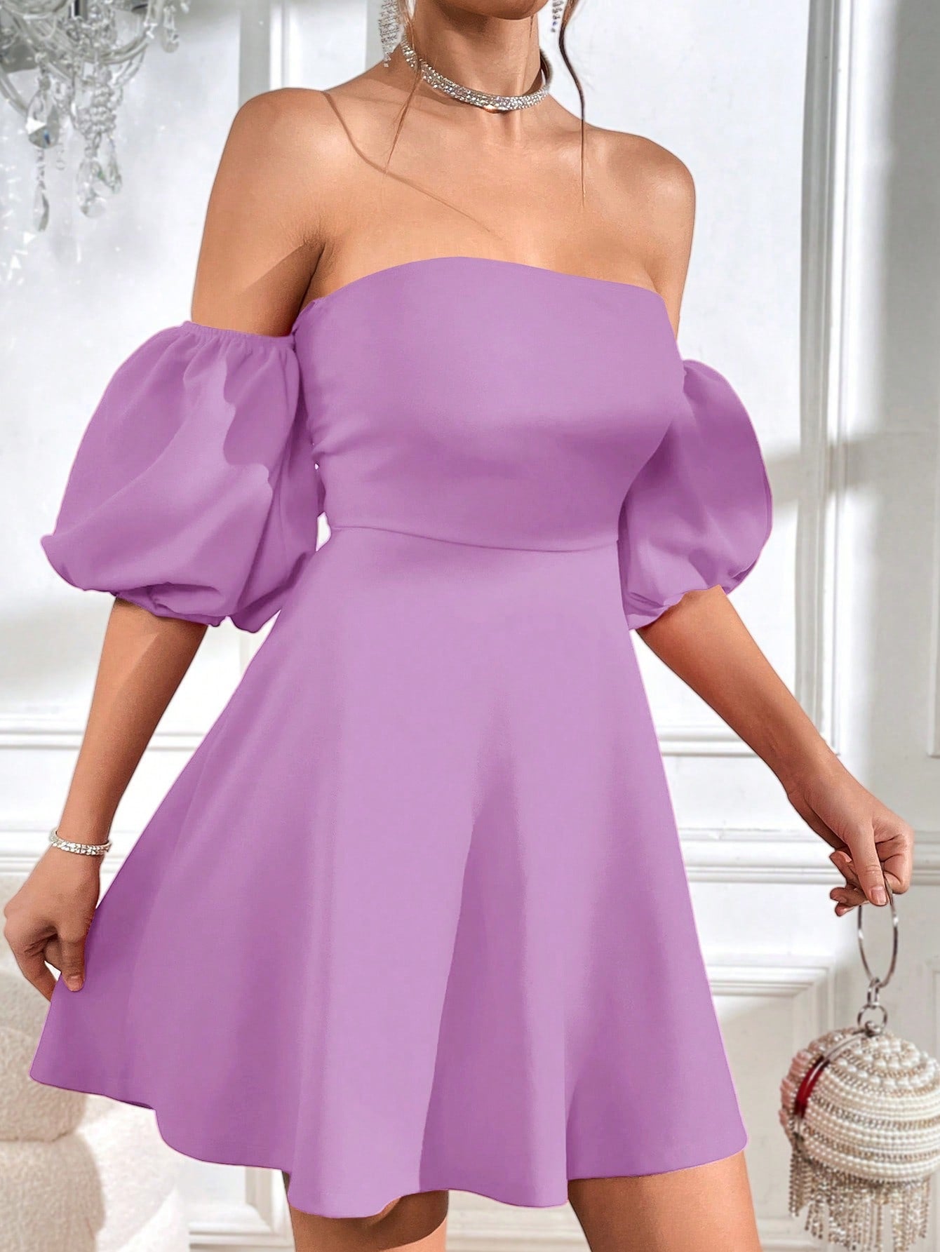 Privé Off Shoulder Puff Sleeve Tie Backless Dress