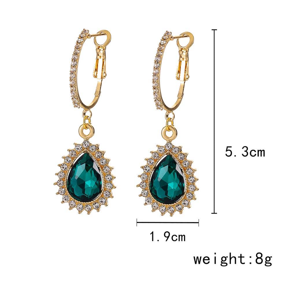 2pcs Green Gemstone & Rhinestone Inlaid Waterdrop Shaped Clip Earrings