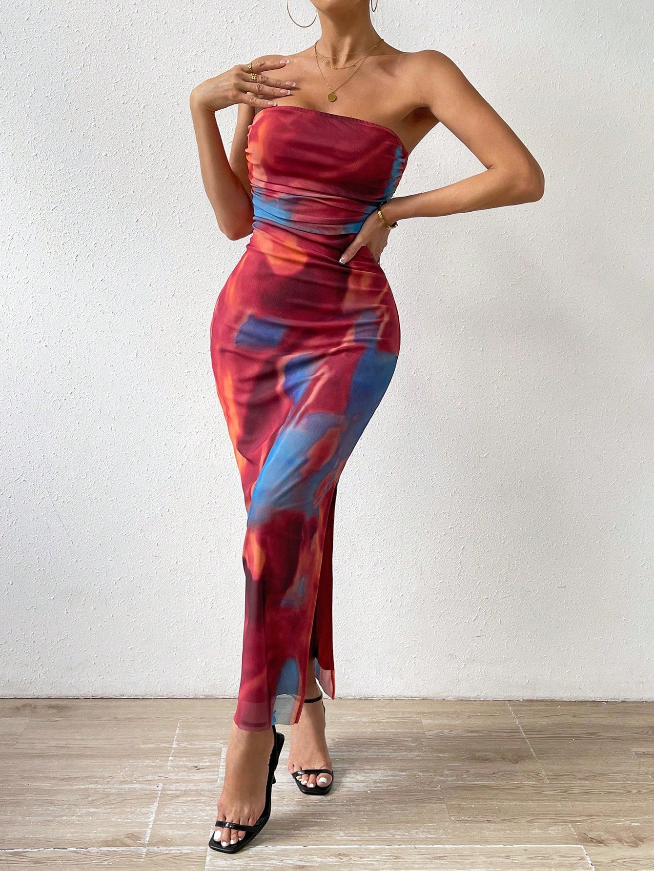 BAE Tie Dye Ruched Split Thigh Tube Dress