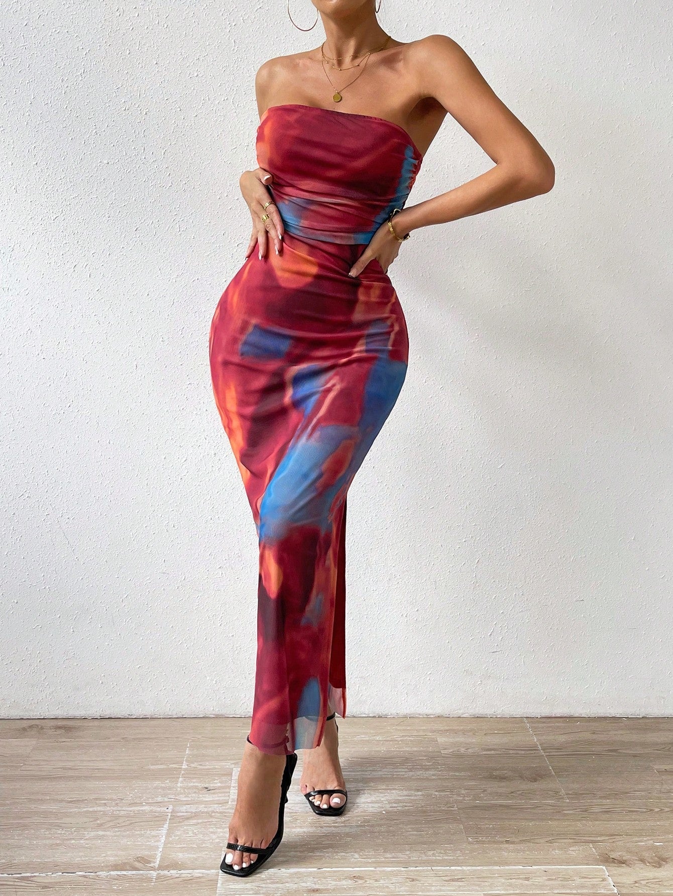 BAE Tie Dye Ruched Split Thigh Tube Dress