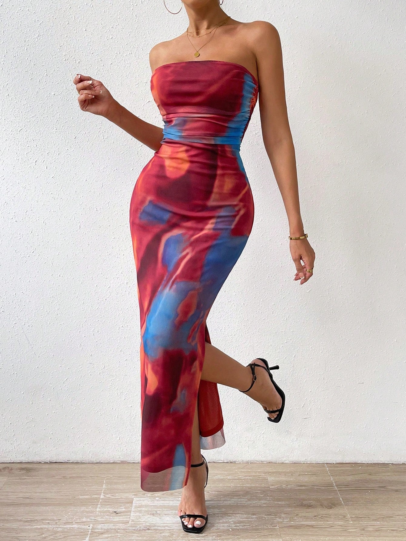 BAE Tie Dye Ruched Split Thigh Tube Dress