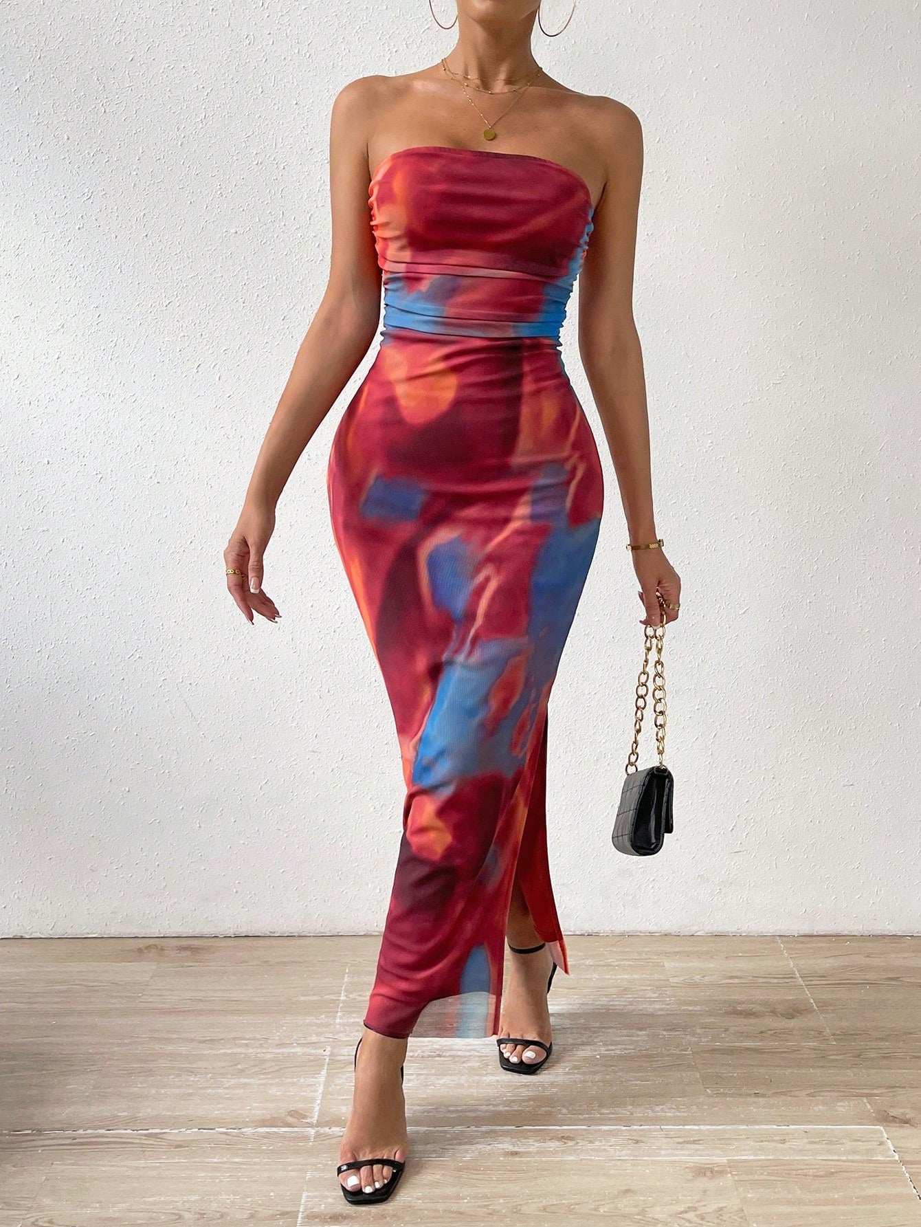 BAE Tie Dye Ruched Split Thigh Tube Dress