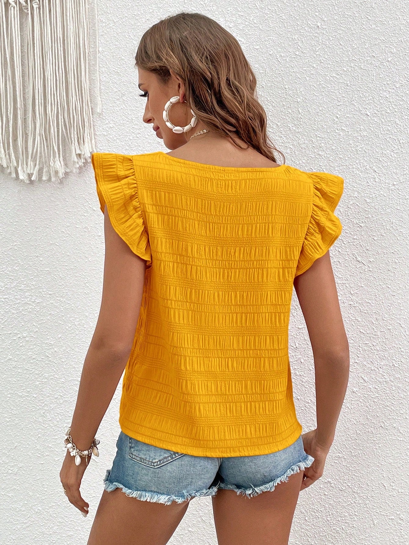 VCAY Solid Puff Sleeve Ruffle Trim Blouse Square Neck Top