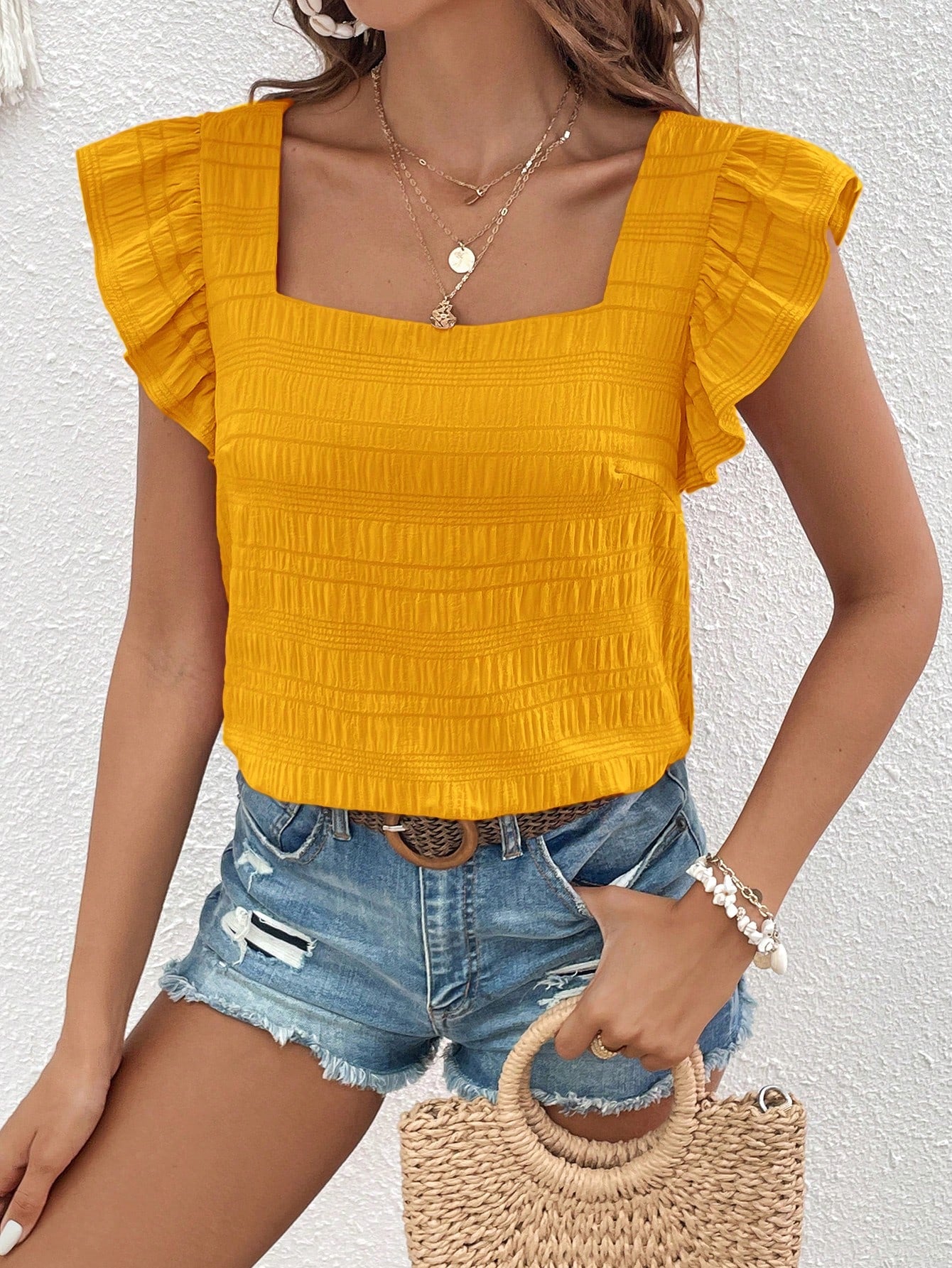 VCAY Solid Puff Sleeve Ruffle Trim Blouse Square Neck Top