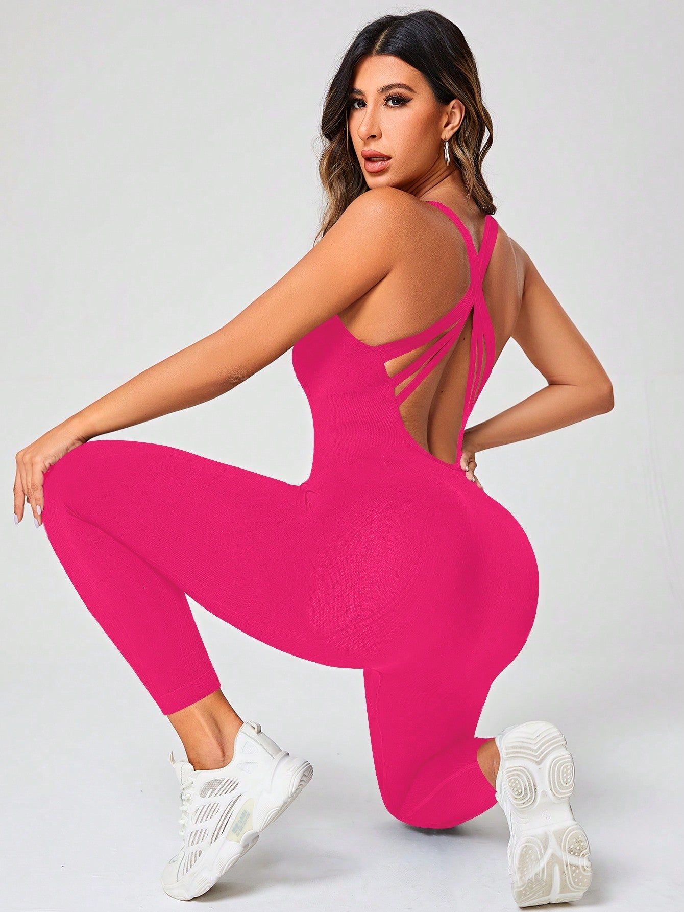 Crisscross Backless Solid Sports Jumpsuit