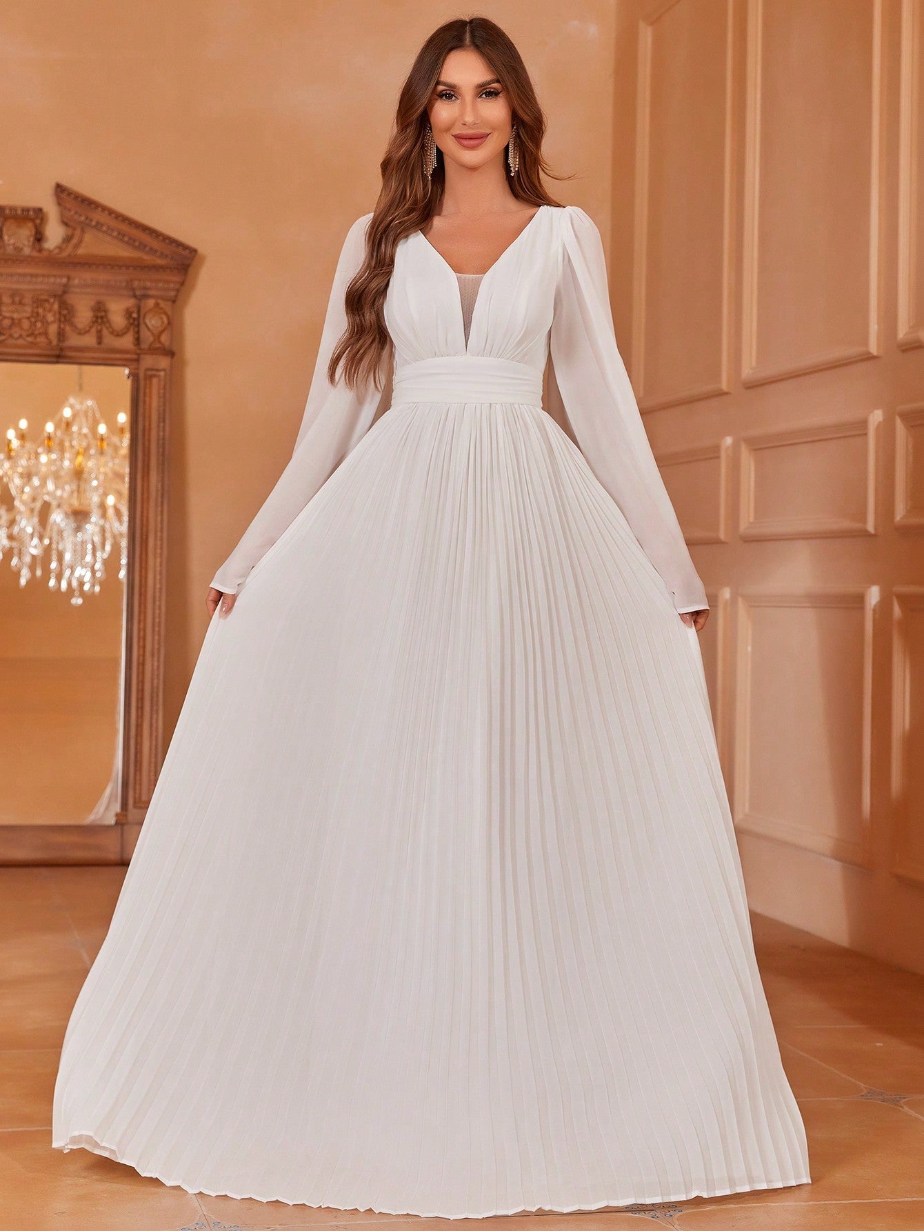 Plunging Neck Trumpet Sleeve Pleated Hem Chiffon Wedding Dress