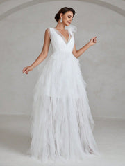 Plunging Neck Floor Length Mesh Wedding Dress