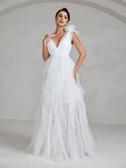 Plunging Neck Floor Length Mesh Wedding Dress