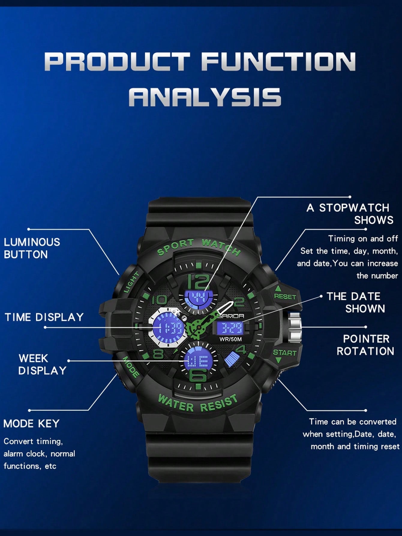 SANDA Top Brand Luxury Outdoor Sport Watches 50M Waterproof Men's Watch Dual Display Quartz Wristwatch for Male Digital Multifunction Stop-watch Alarm Clock Calendar Street Wear Cool Electronic Fashion For Gifts Birthday Christmas Casual