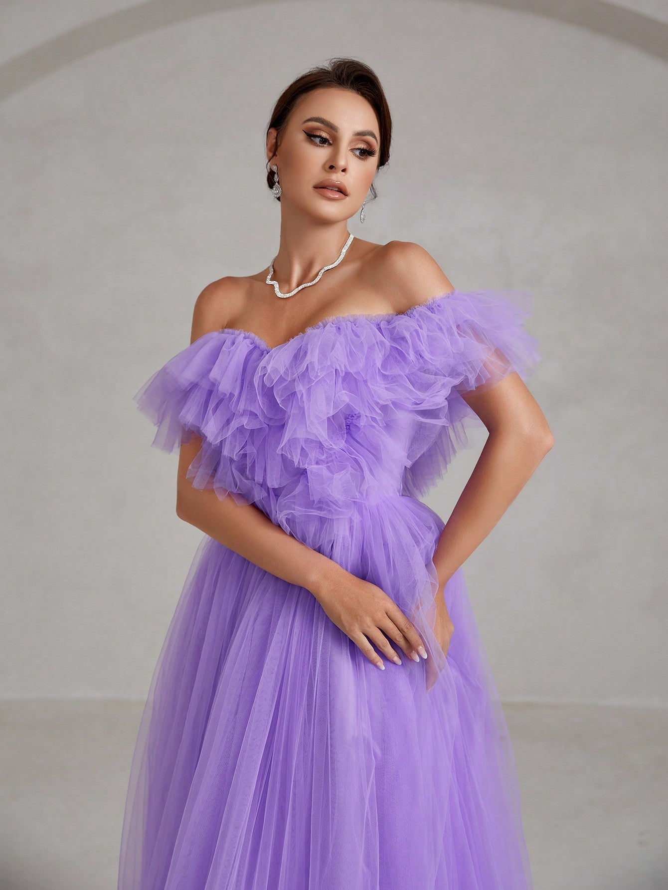 Off Shoulder Ruffle Trim Mesh Dress