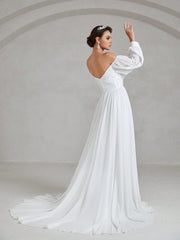 Off Shoulder Frill Trim Lantern Sleeve Chiffon Wedding Dress