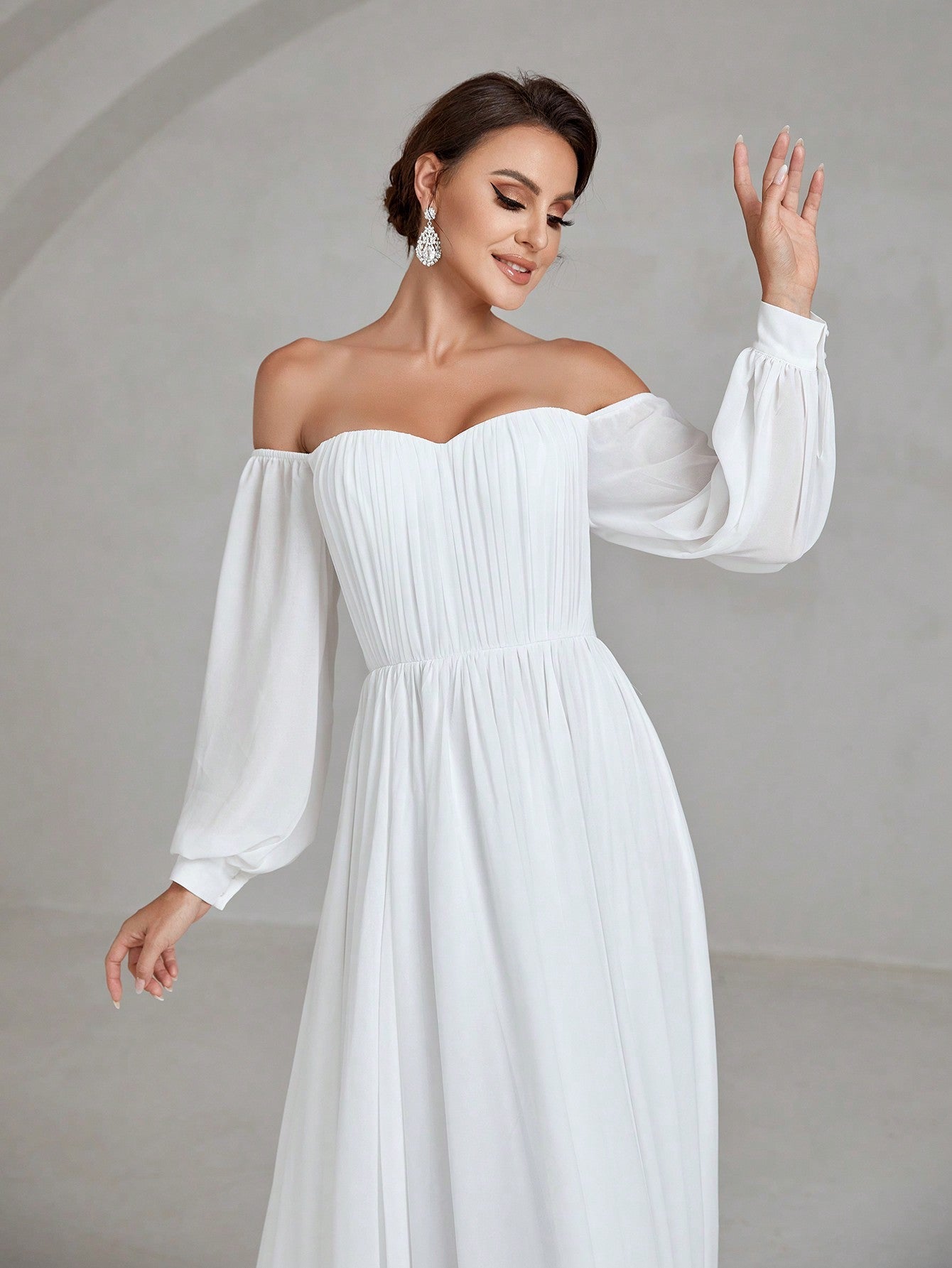 Off Shoulder Frill Trim Lantern Sleeve Chiffon Wedding Dress