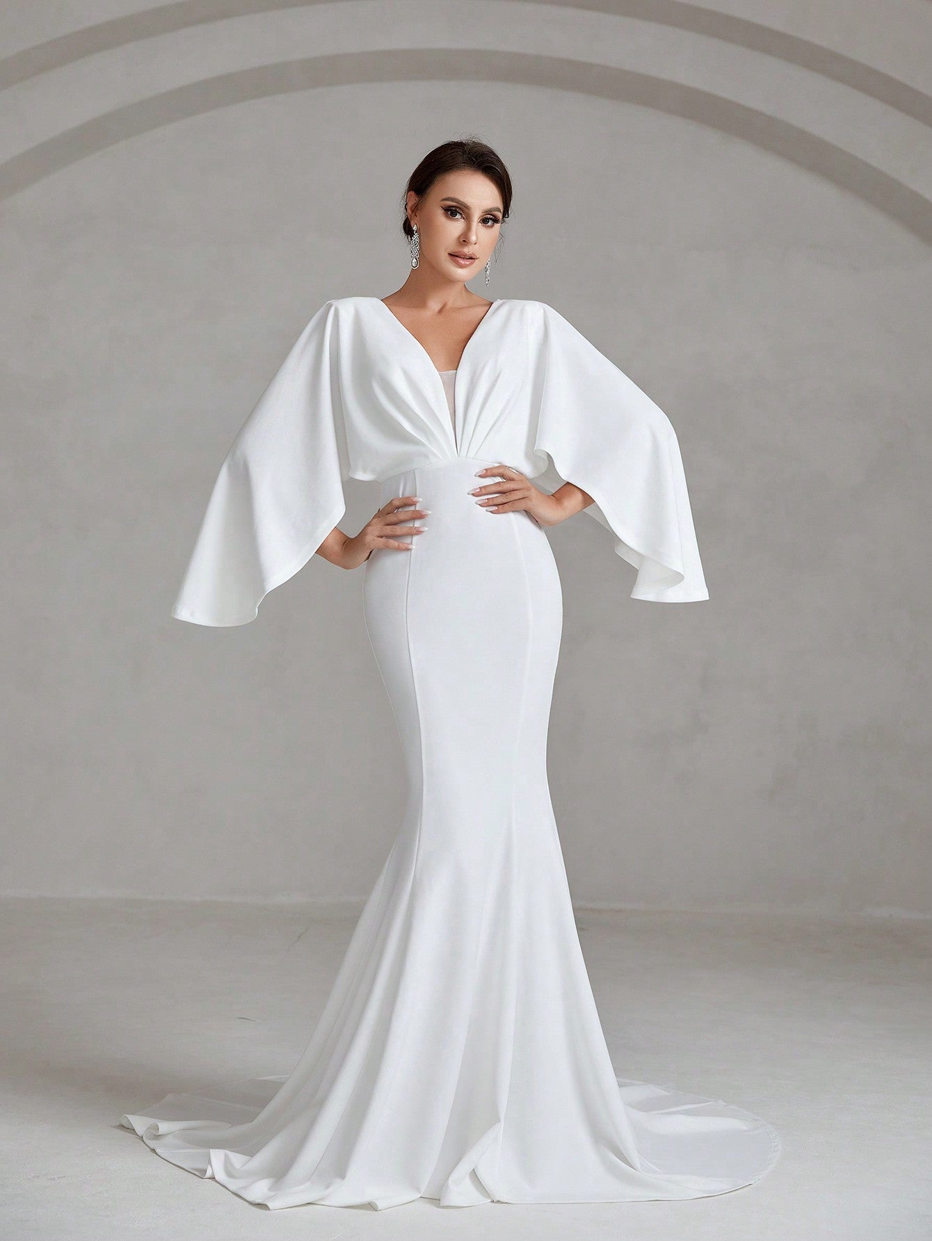 Solid Plunging Neck Cloak Sleeve Mermaid Hem Wedding Dress