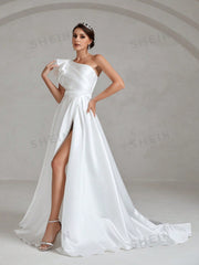 One Shoulder Ruffle Trim Split Thigh Satin Wedding Dress